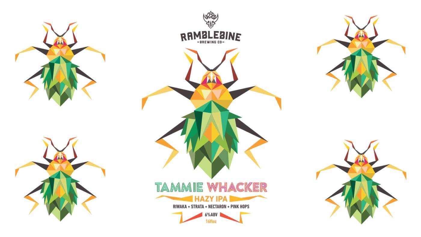 Artistic yellow and green beetle logo for tammie whacker hazy ipa beer