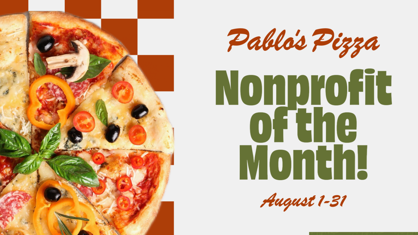 Non profit of the month flyer with pizza in front of red-checkered pattern