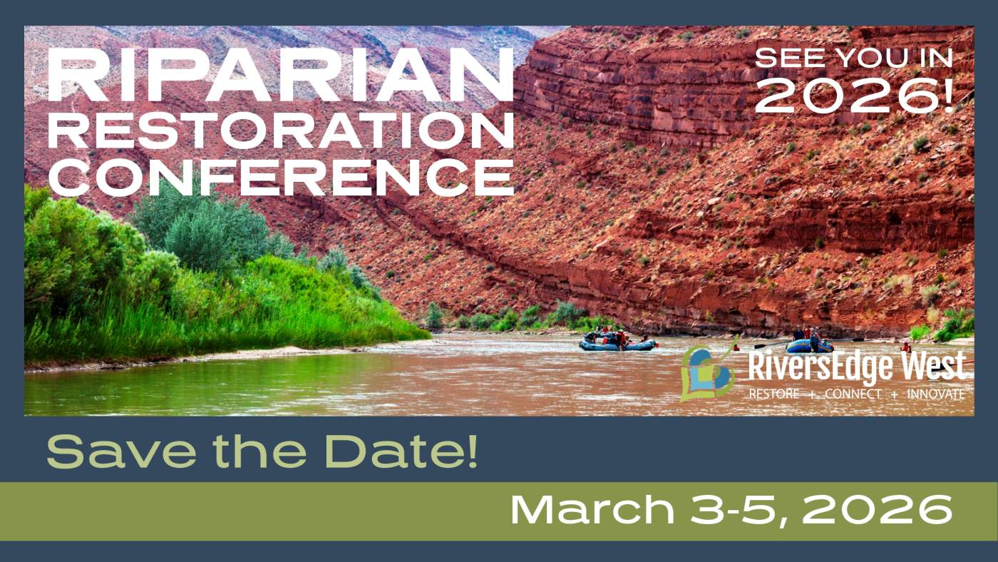 save the date flyer with red mountain and river